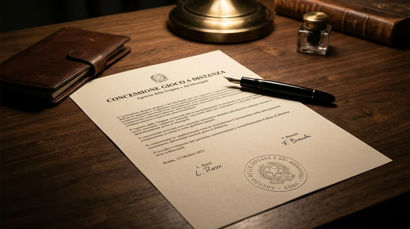 Documento ufficiale di concessione gioco a distanza con marchio ADM e timbri di registrazione