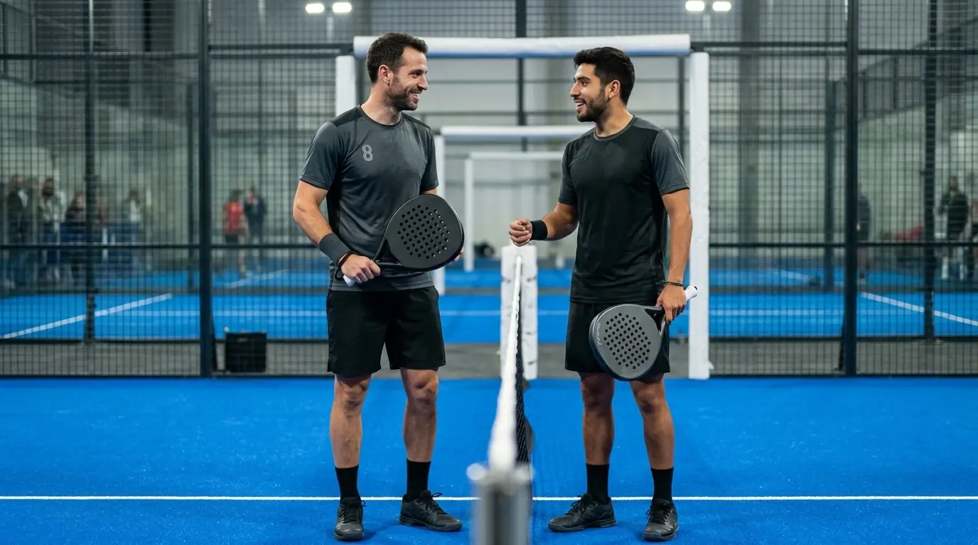 Coppia di padel professionistico maschile durante un match indoor