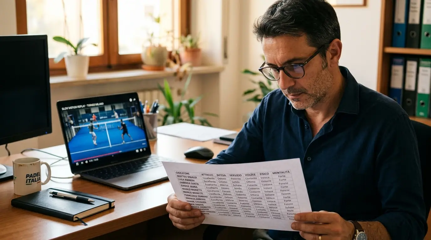 Analista studia statistiche di servizio di una coppia di padel professionistica