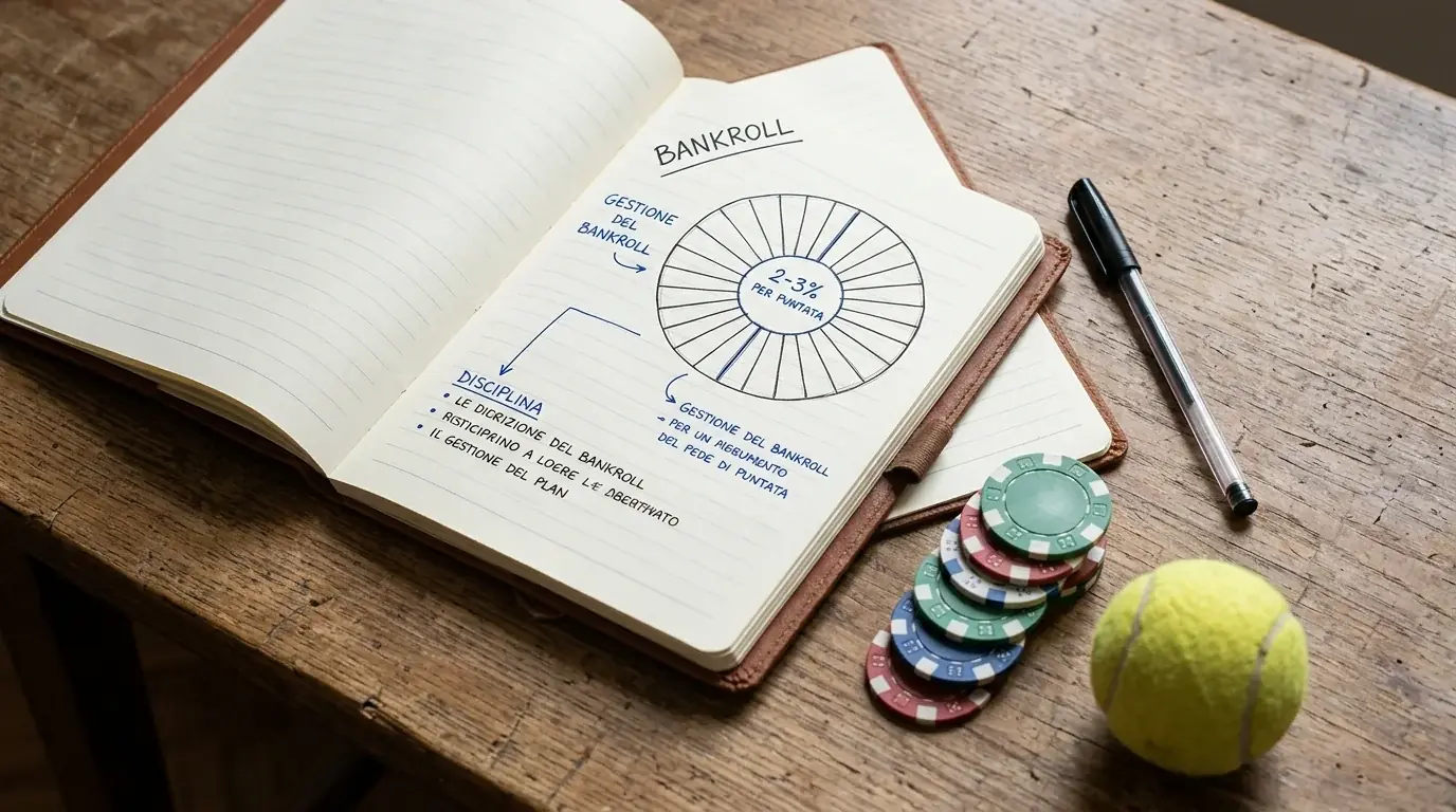 Quaderno con piano di gestione del bankroll diviso in piccole quote per le scommesse padel