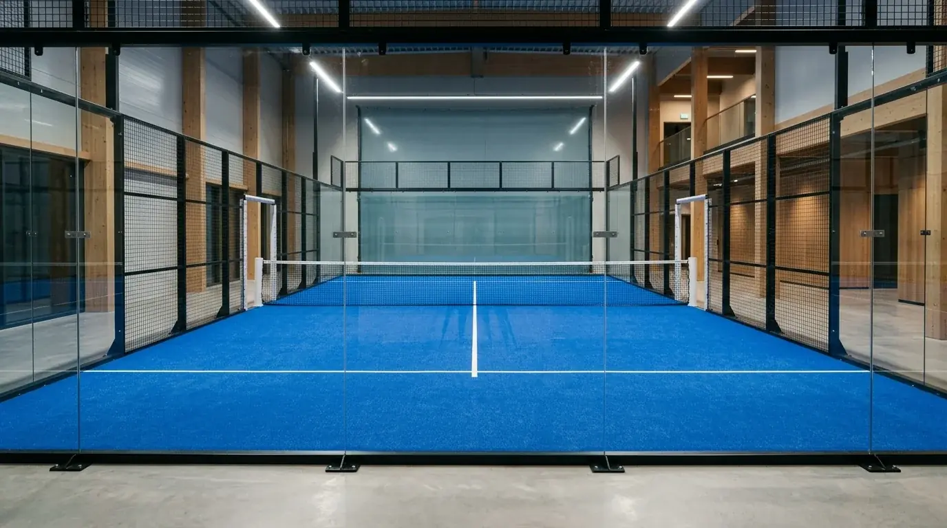 Campo da padel indoor con erba sintetica blu sotto illuminazione artificiale