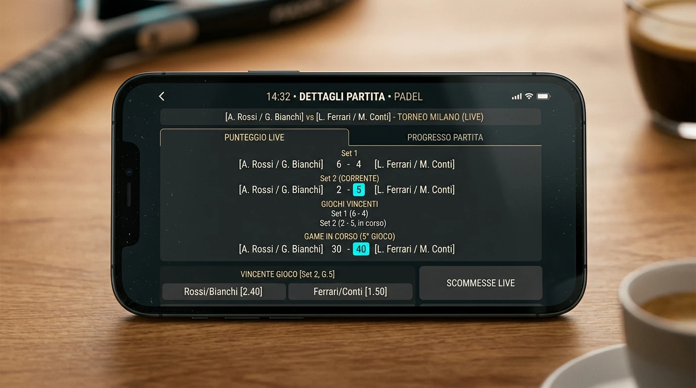 Conteggio dei giochi totali in un match di padel mostrato sullo schermo del bookmaker