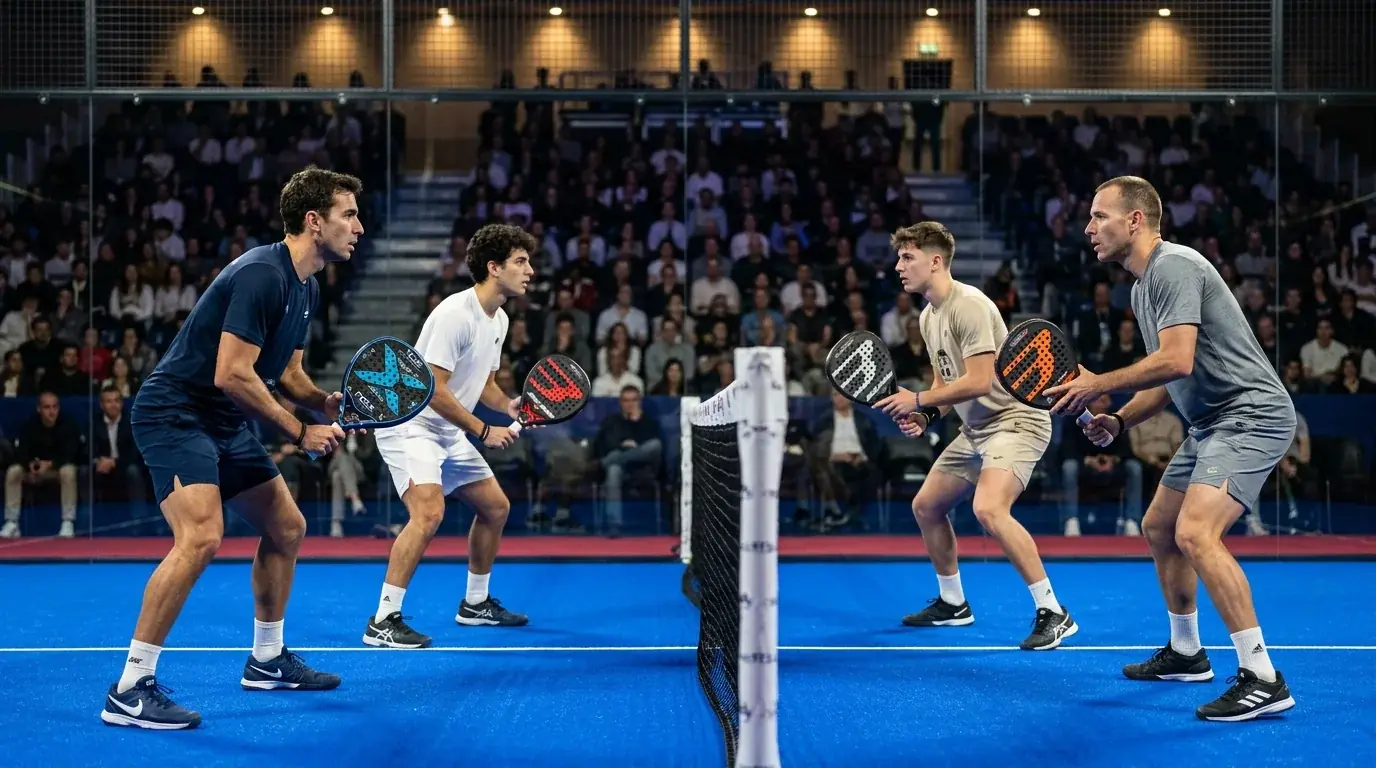 Due coppie di padel professionistico maschile durante la finale di un torneo Major