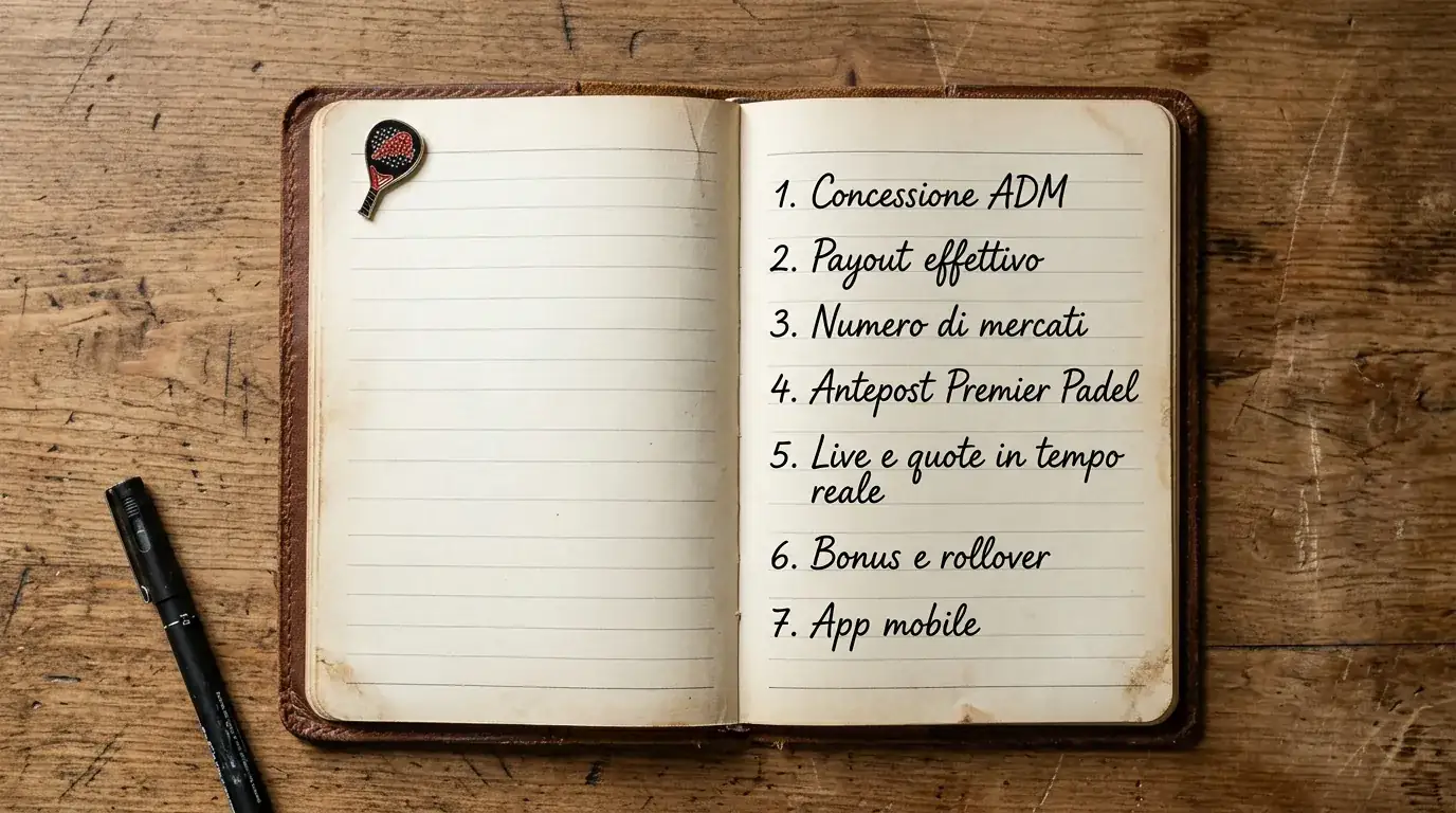 Lista dei criteri di valutazione di un sito scommesse padel scritta a mano su un'agenda
