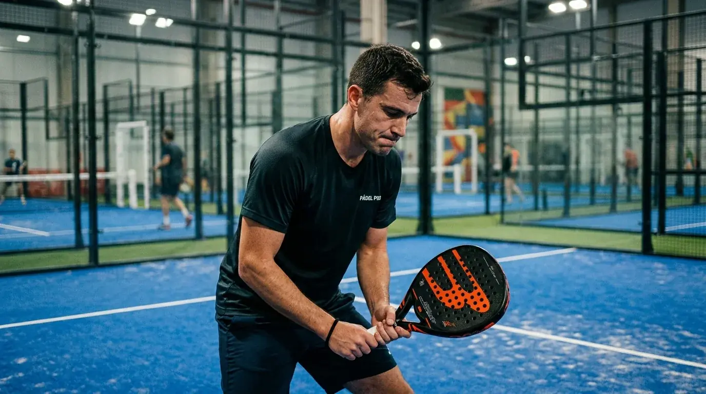 Giocatore di padel professionistico esprime frustrazione dopo un doppio fallo al servizio