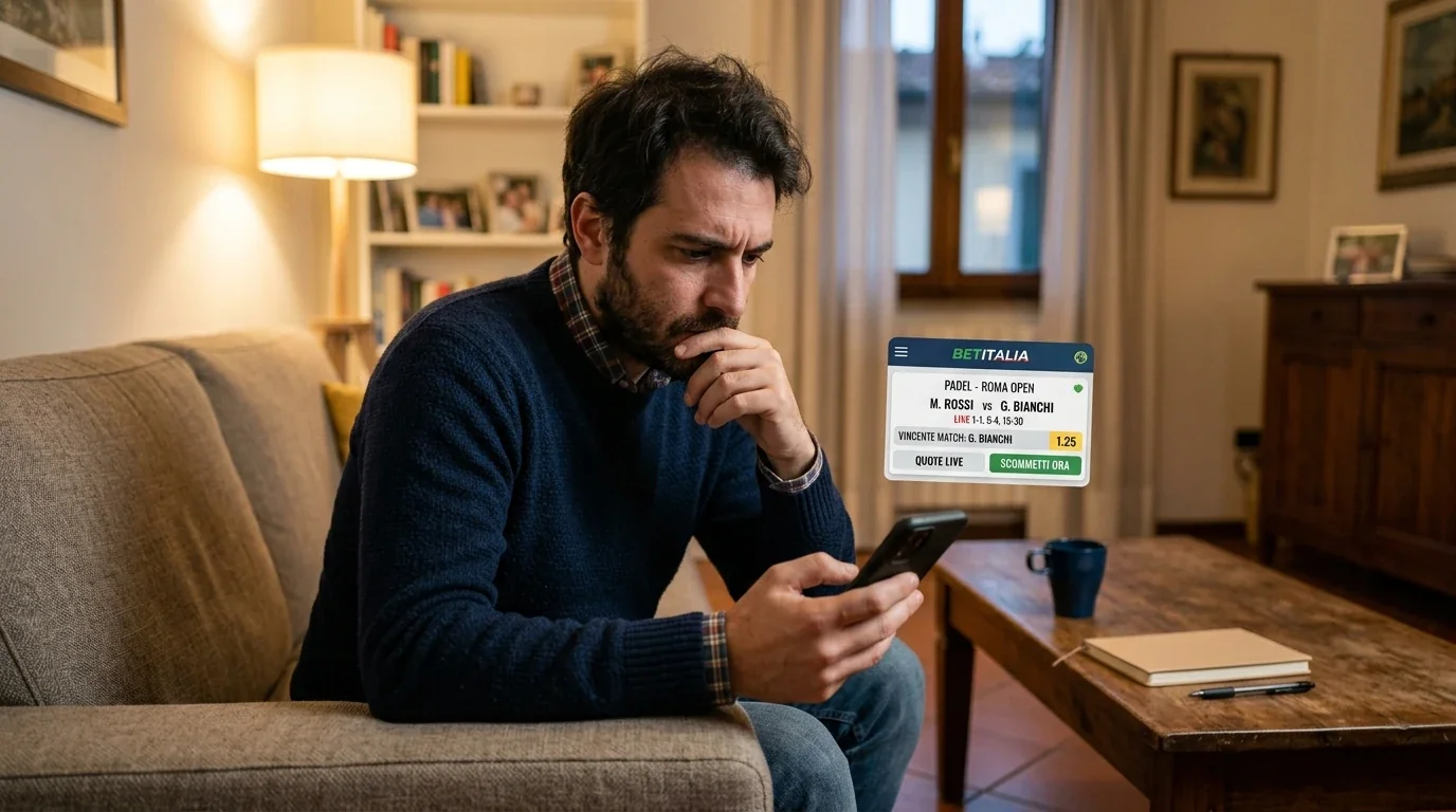 Scommettitore pensieroso valuta una quota stretta sul favorito del padel
