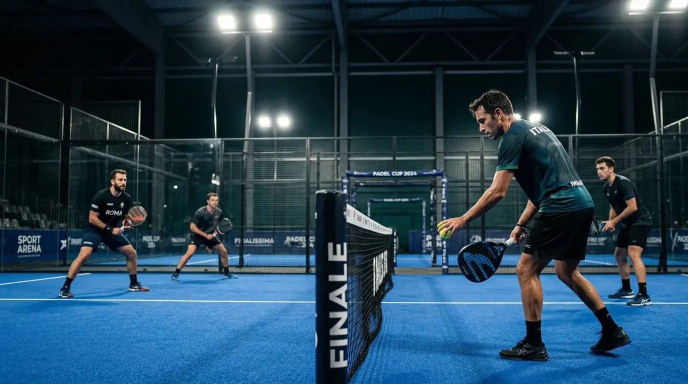 Inizio di una finale di un Major Premier Padel con coppia favorita pronta a servire
