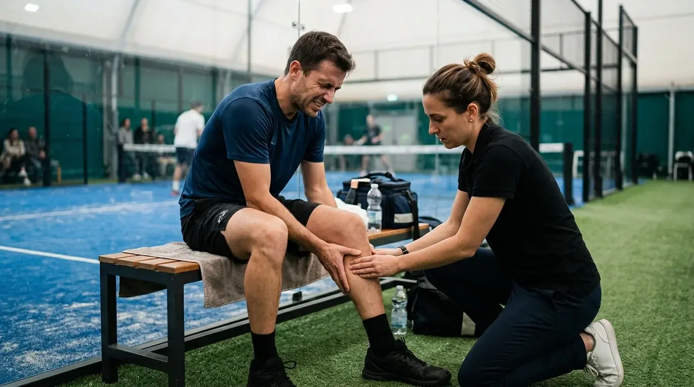 Giocatore di padel professionista massaggia il polpaccio durante un timeout medico