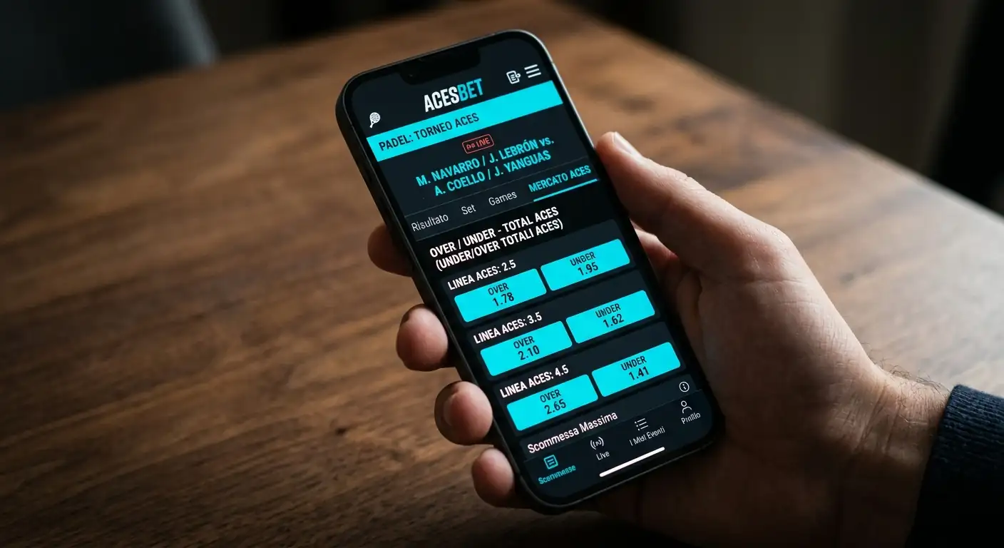 Schermata di un'app AAMS con la linea Over/Under aces per un match di padel