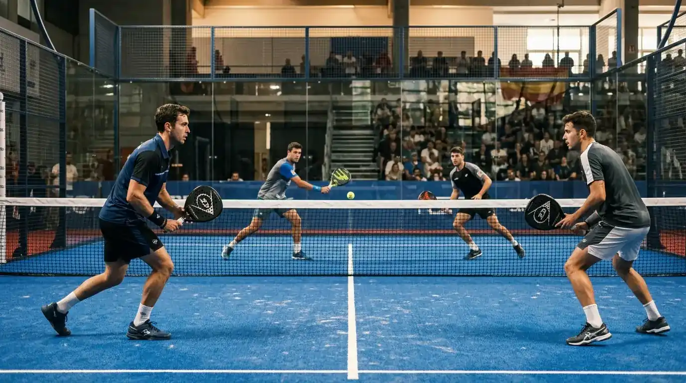 Quattro giocatori di padel professionistico durante un match in doppio su campo indoor