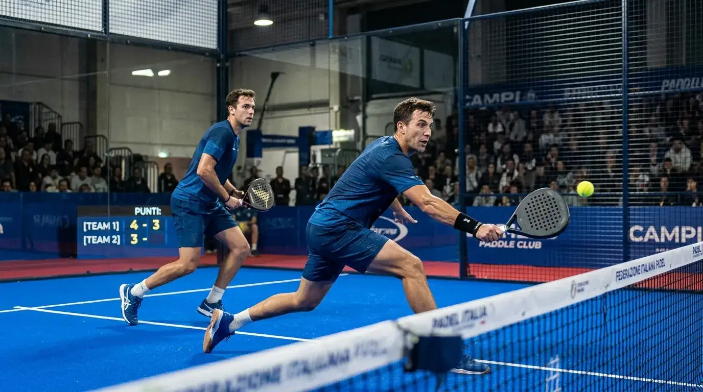 Coppia maschile di padel professionistico in azione durante un match dei Major