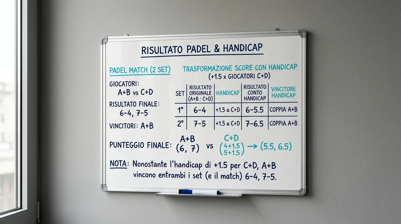 Lavagna con esempio di handicap games applicato a un match di padel