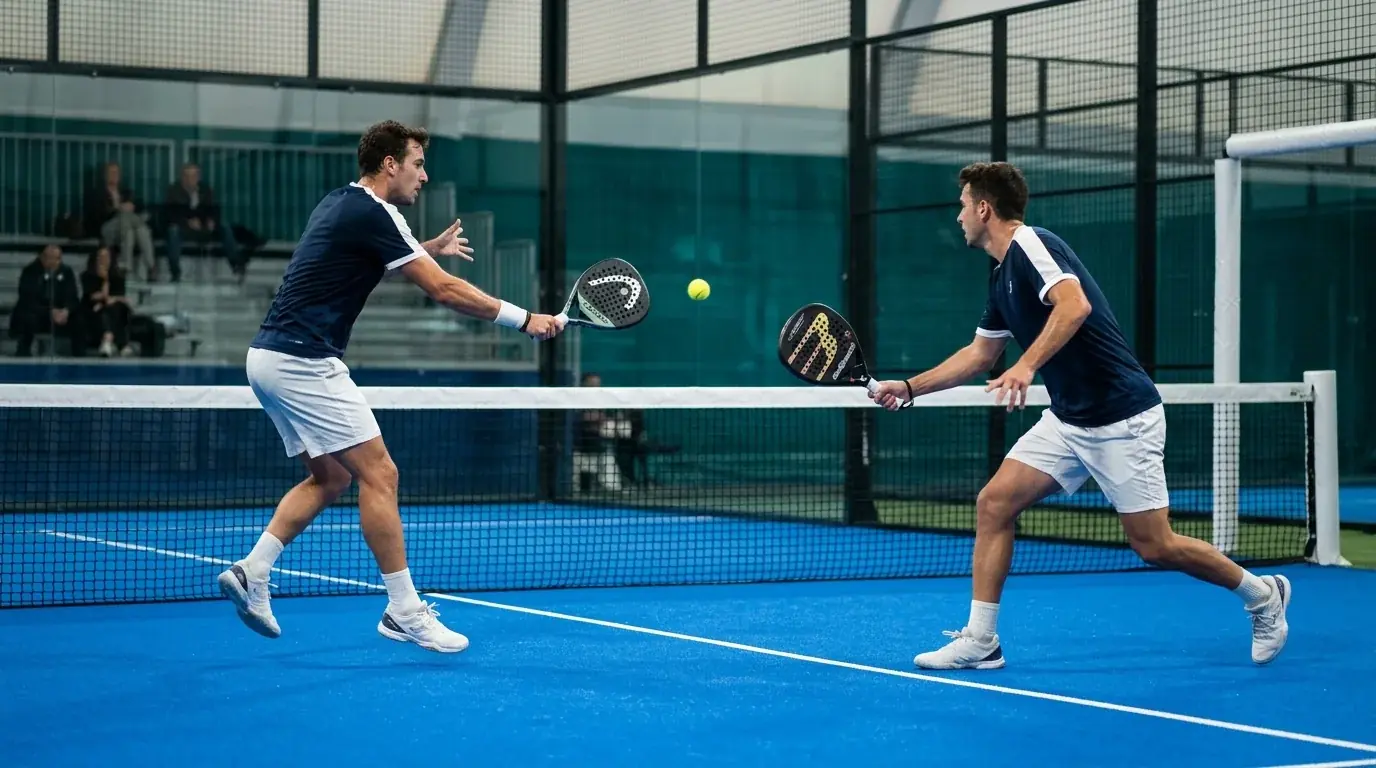 Coppia di giocatori di padel in azione su campo blu indoor durante uno scambio a rete