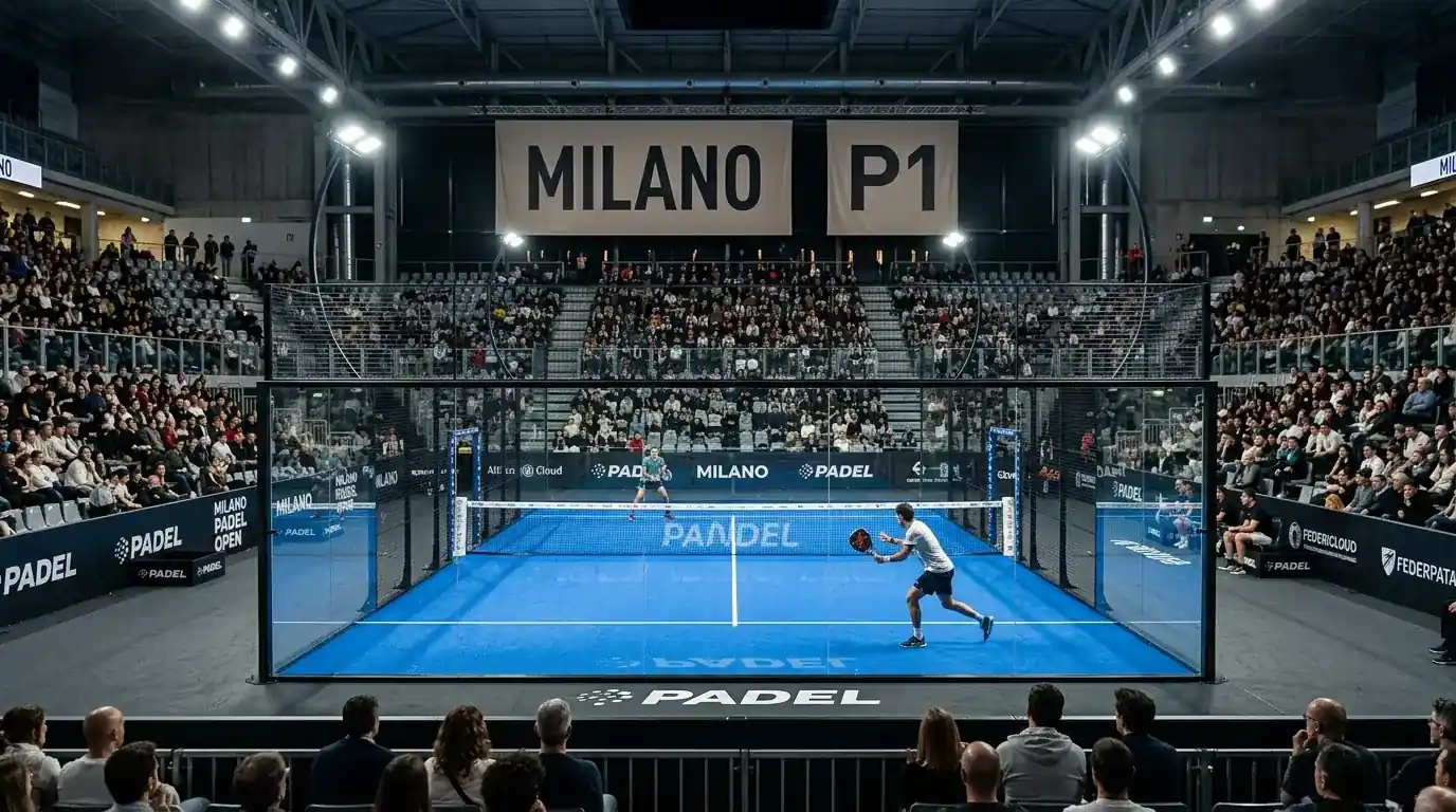 Arena indoor di Milano con campo da padel professionistico illuminato