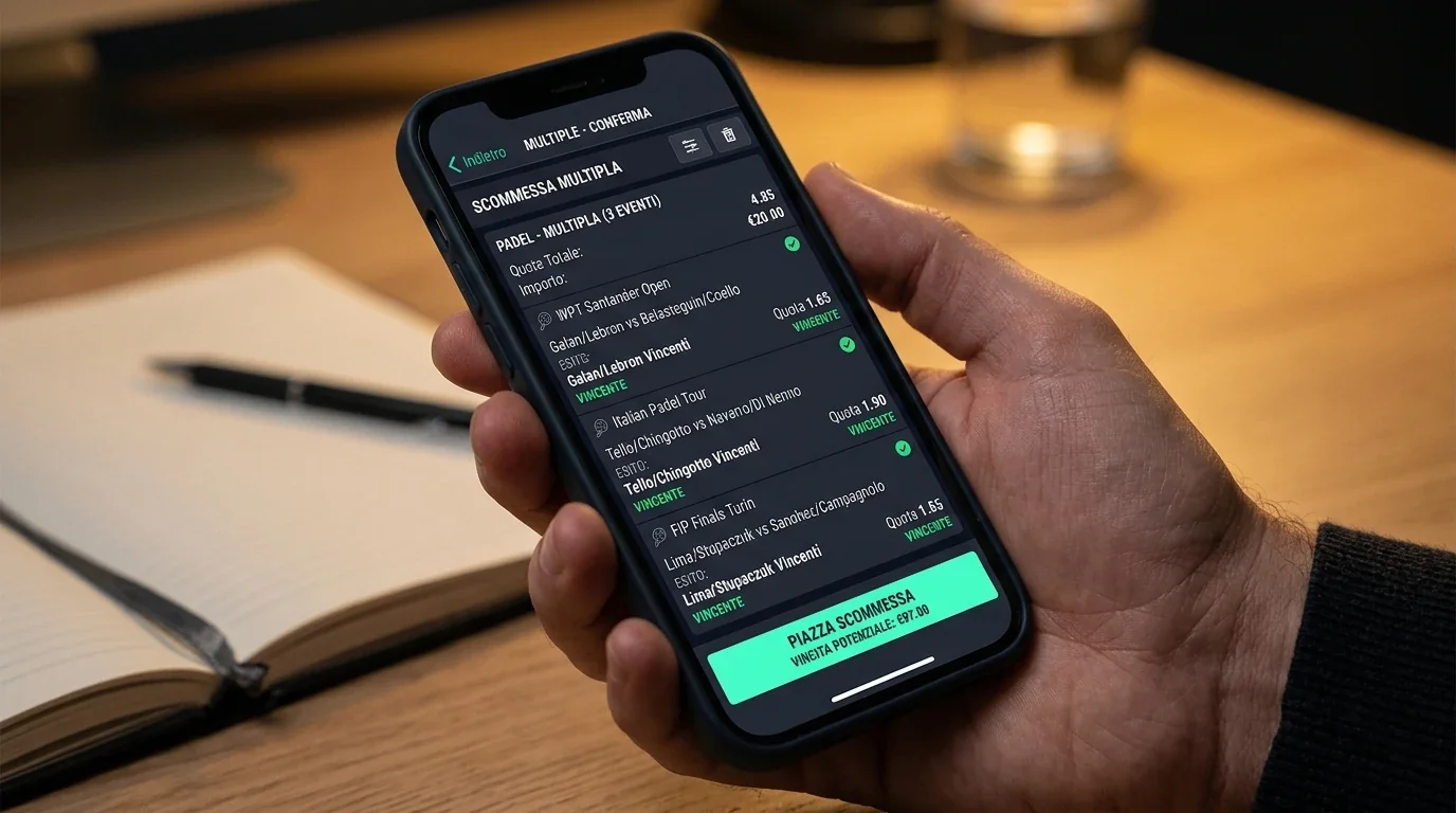 Schedina multipla padel pronta per il piazzamento sull'app del bookmaker