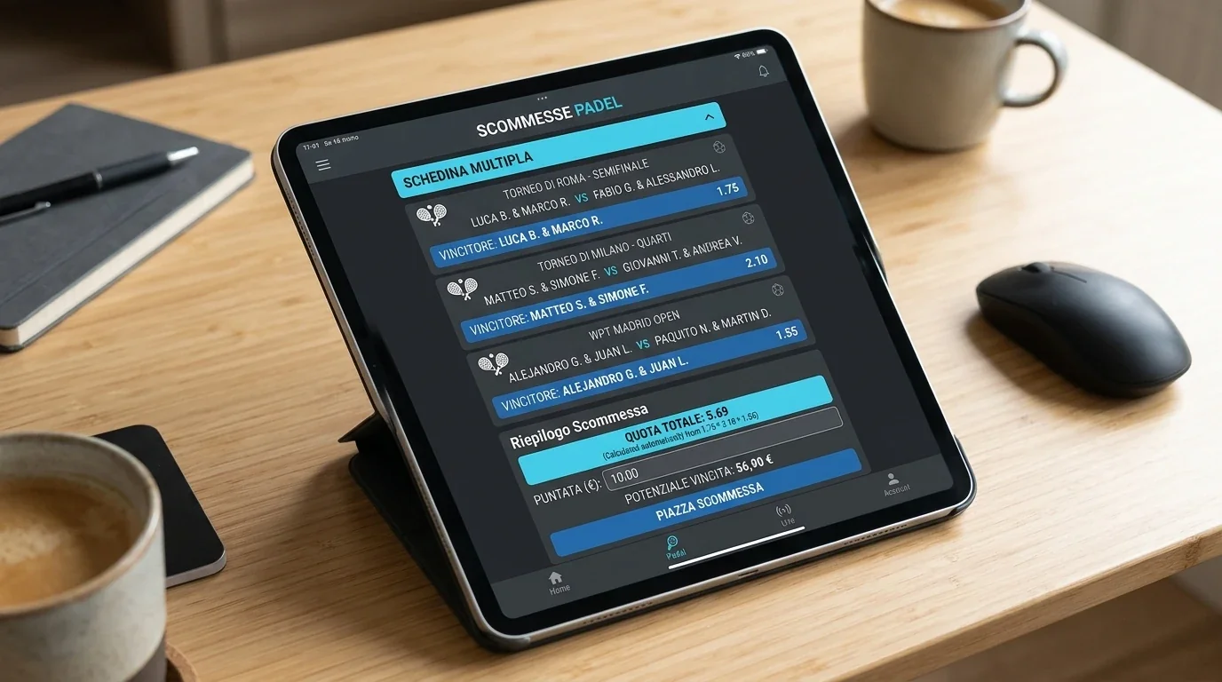 Schedina multipla padel passo per passo su tablet con quote in cyan