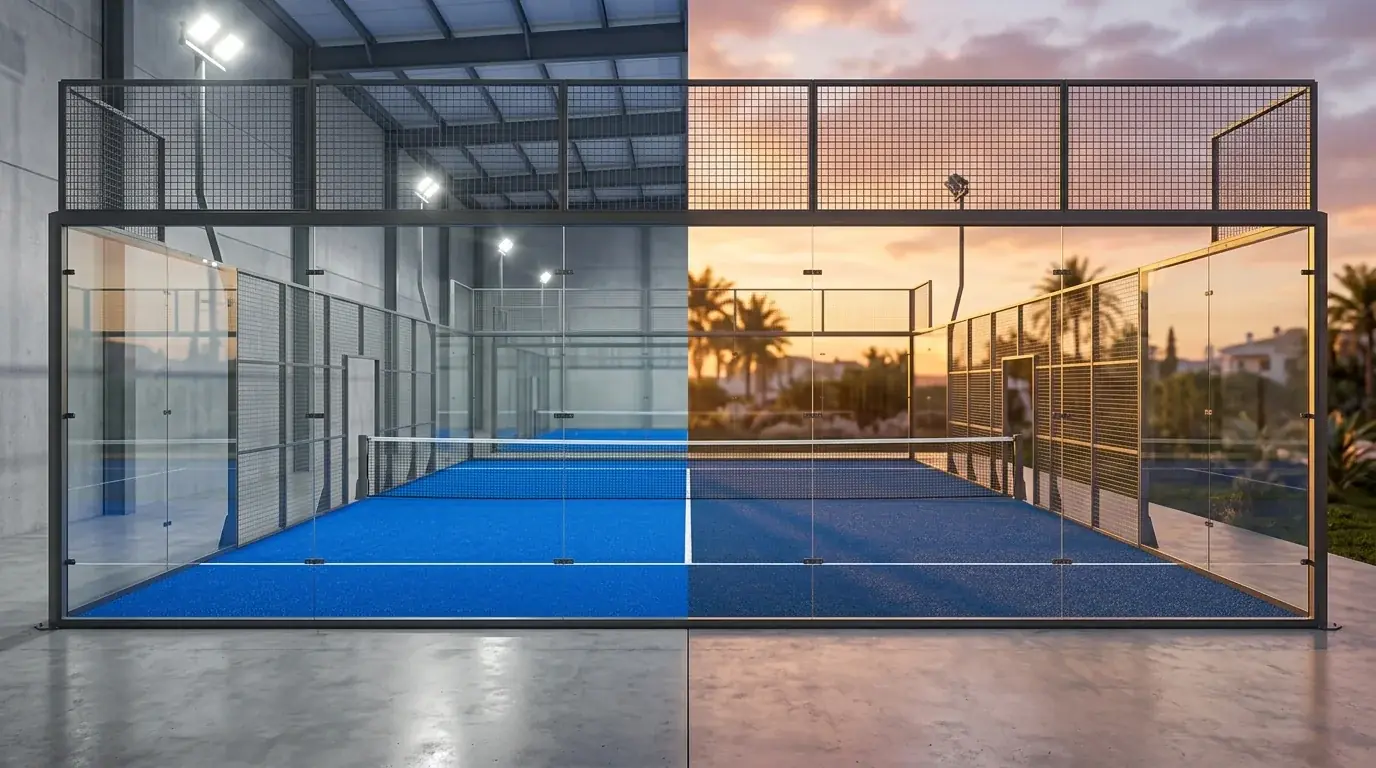 Confronto visivo tra un campo di padel indoor e uno outdoor