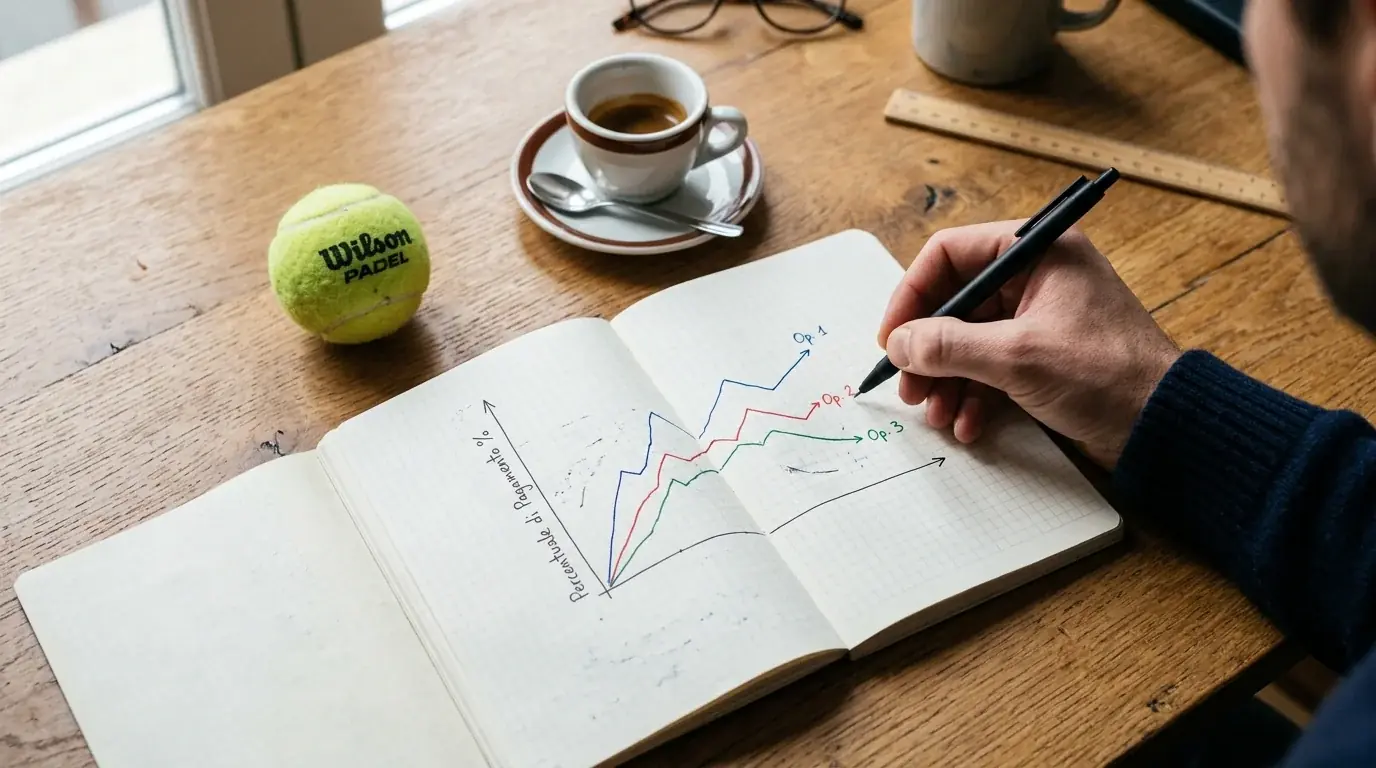 Analista che confronta il payout di diversi bookmaker padel su un quaderno