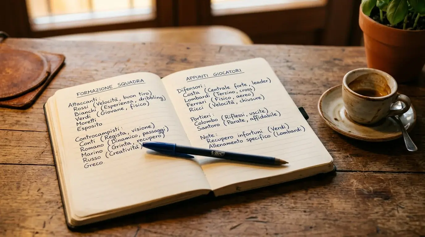 Quaderno aperto con liste manoscritte delle coppie favorite per la stagione di padel