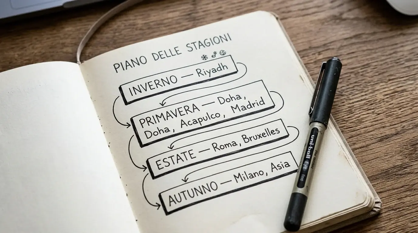 Timeline scritta a mano dei blocchi principali del calendario Premier Padel 2026