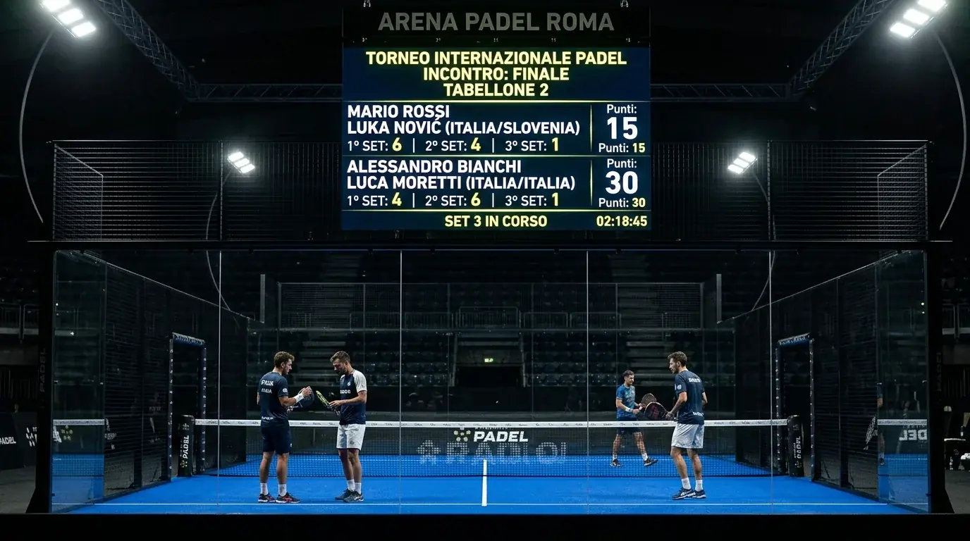 Scoreboard di un match di padel professionistico al meglio dei tre set