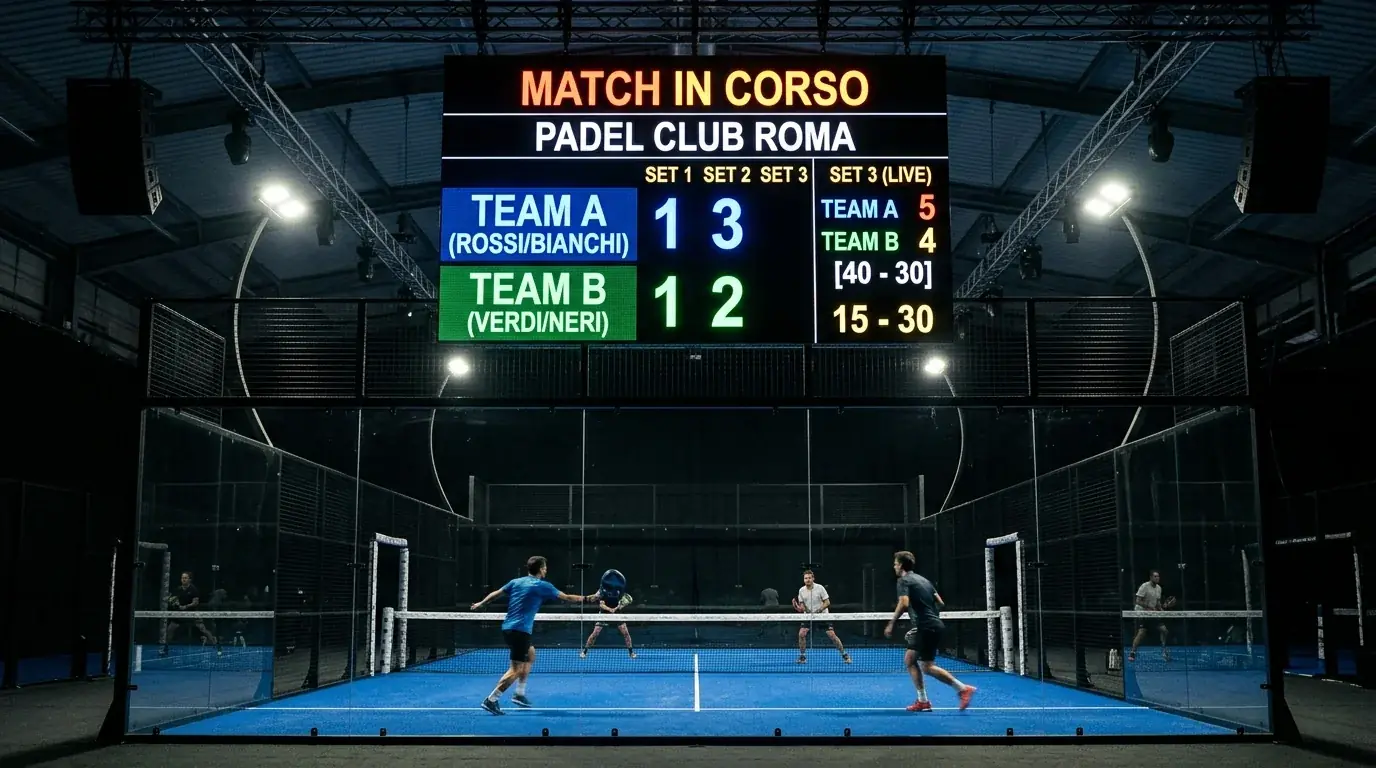 Tabellone luminoso indica il punteggio per set di un match di padel professionistico