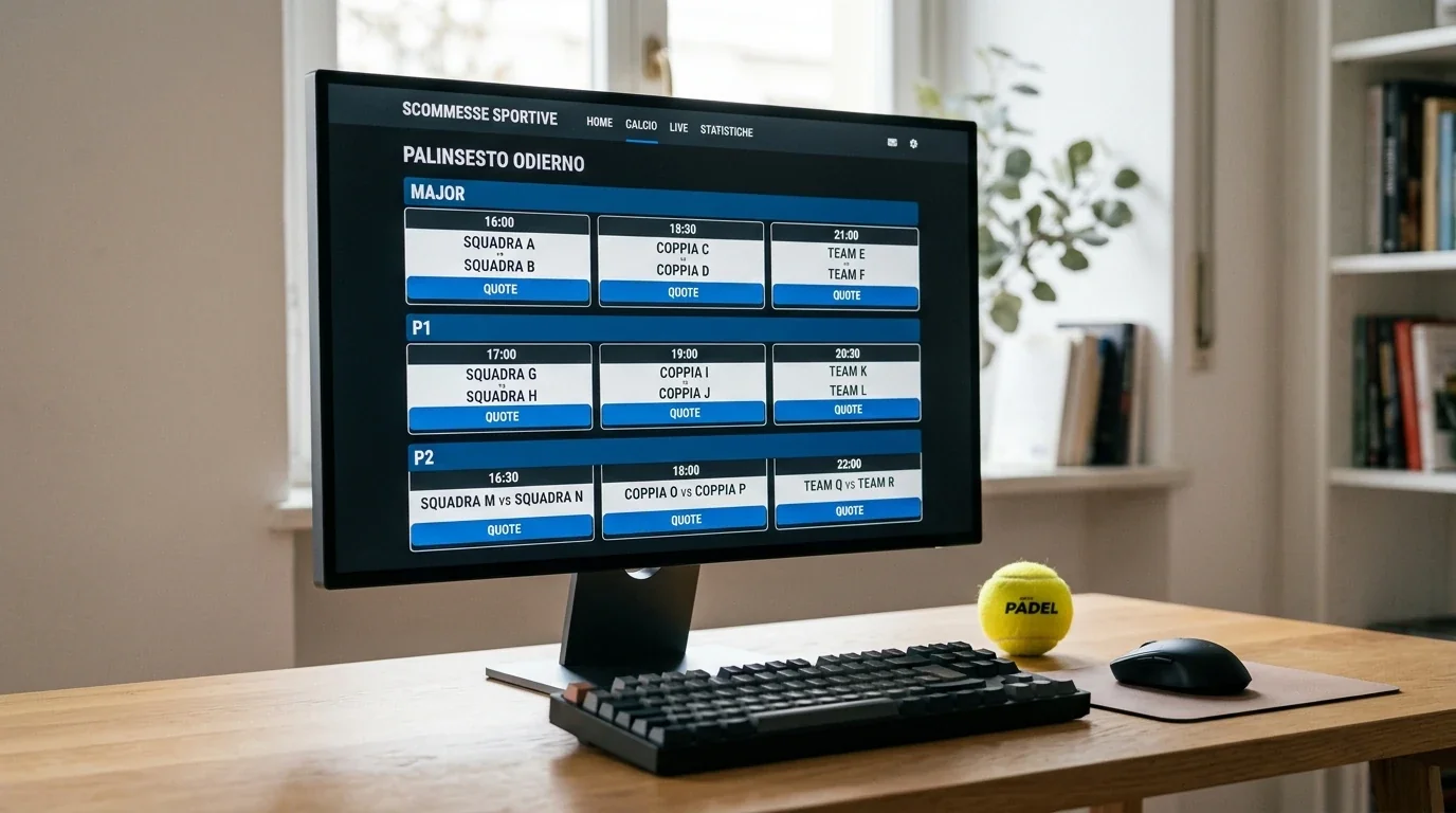 Schermata di un palinsesto AAMS con le quote tipiche per i tornei Major, P1 e P2 di padel