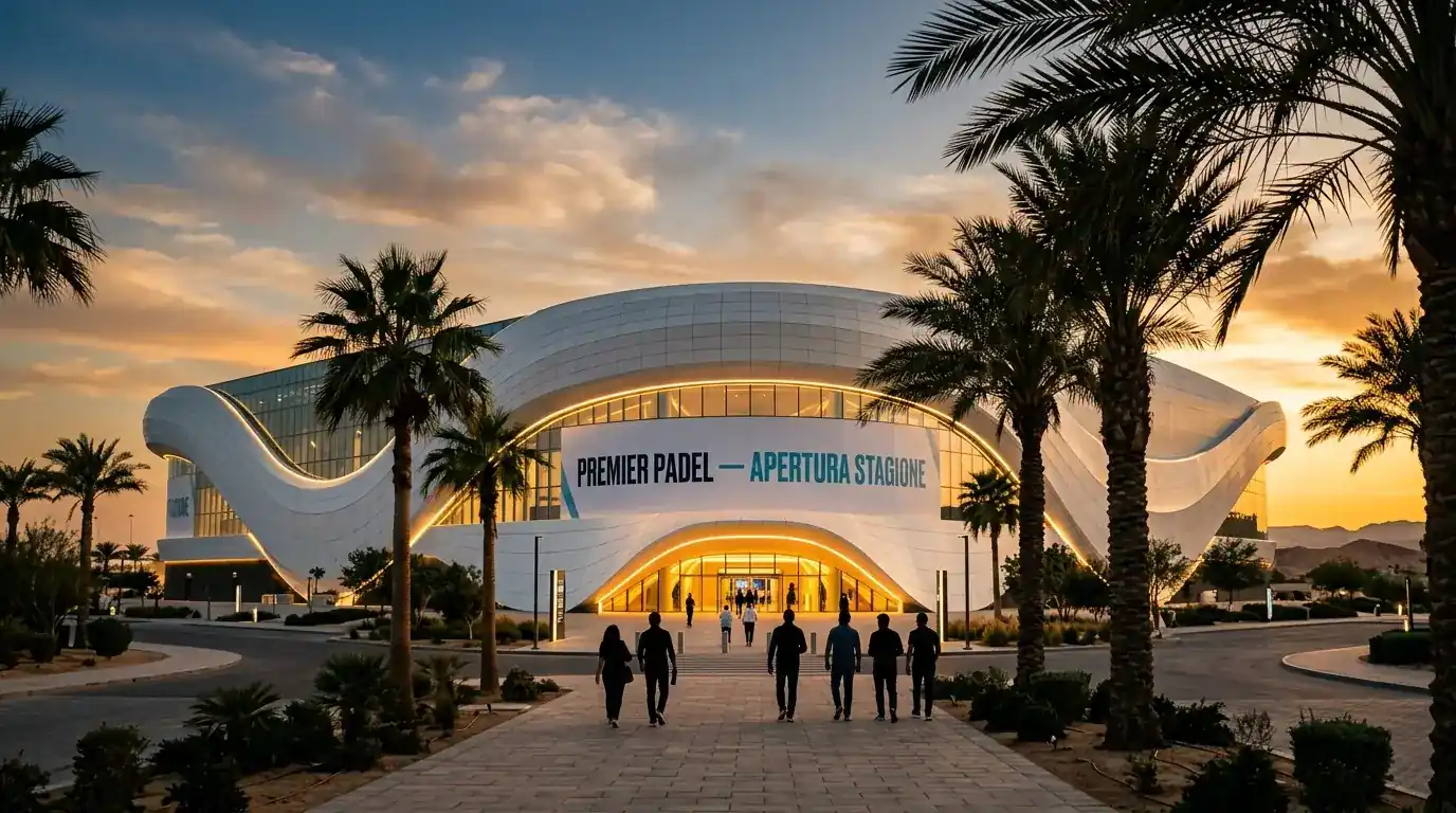 Esterno di un'arena moderna di padel a Riyadh per il torneo P1 di apertura stagione
