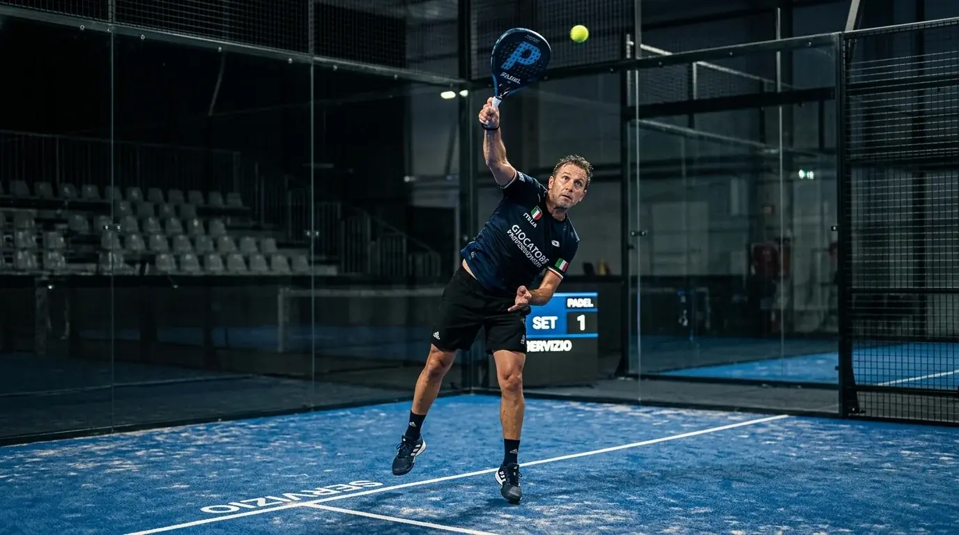 Servizio decisivo in un match di padel professionistico con racchetta in primo piano