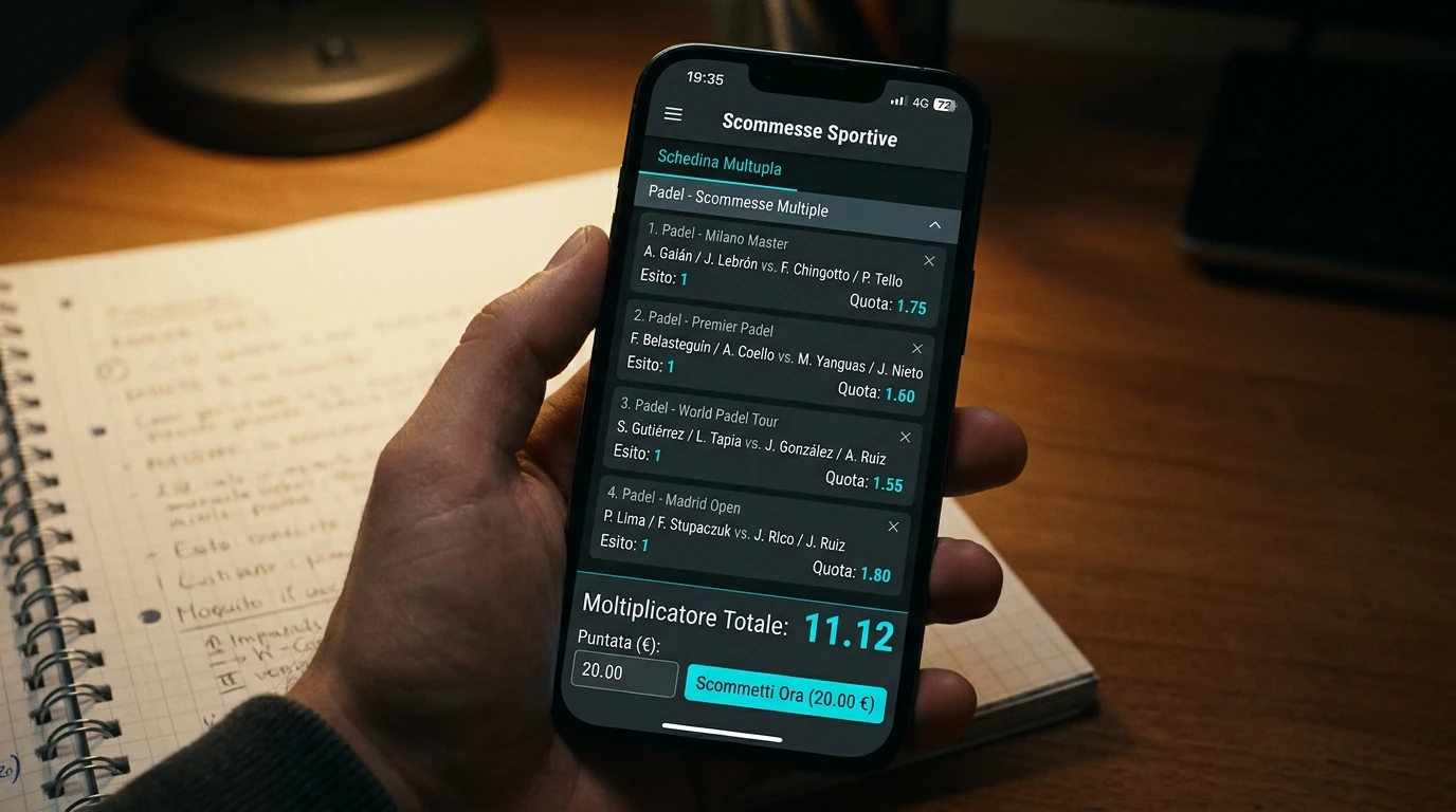 Schedina multipla con più selezioni padel sull'app di un bookmaker AAMS