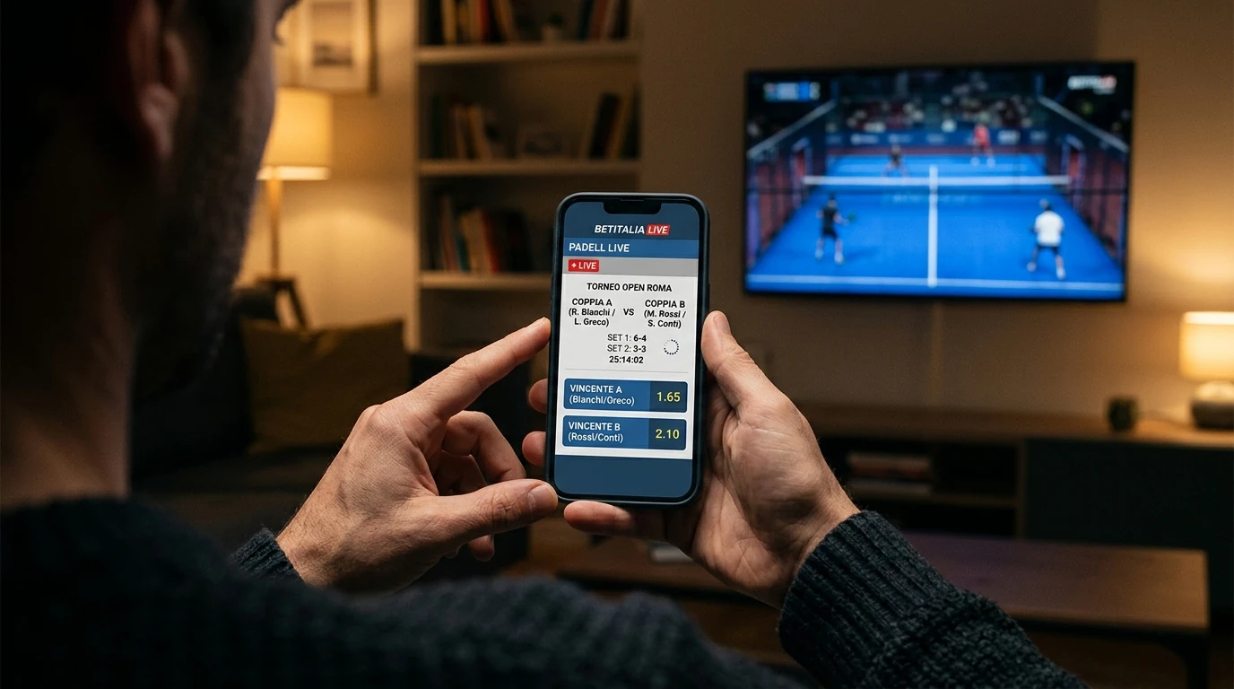 Smartphone con sezione live di un palinsesto padel durante un match in corso