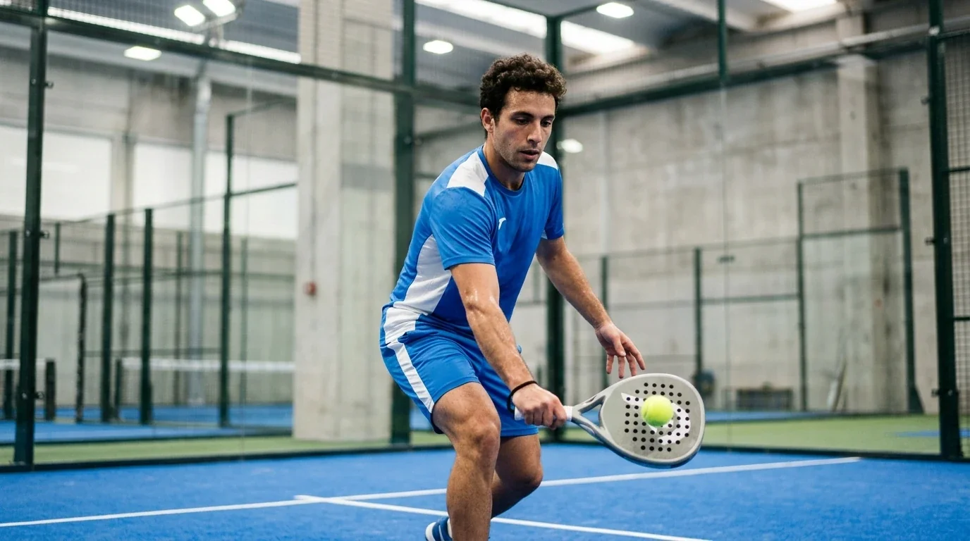 Giocatore di padel esegue il servizio dal basso, regola distintiva dello sport