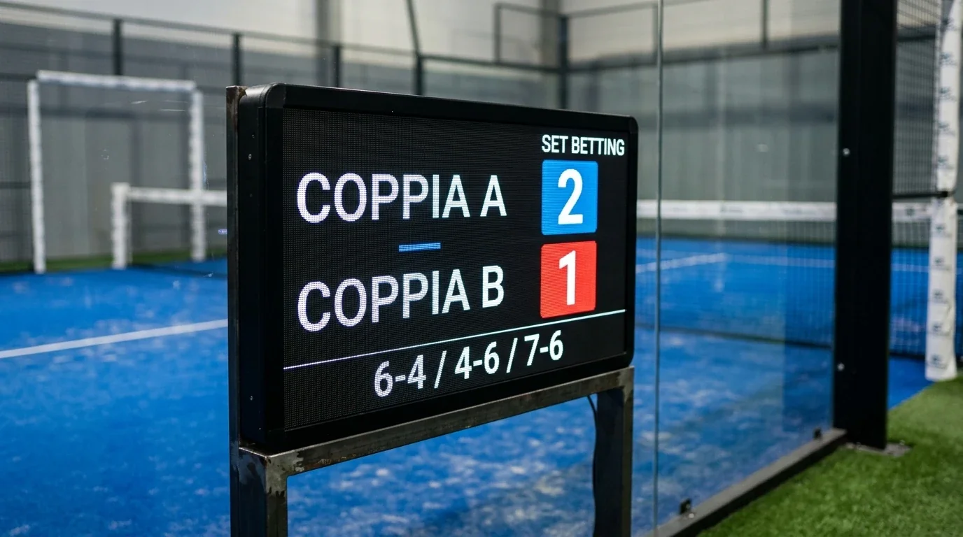 Tabellone con il punteggio esatto in set di un match best of three di padel professionistico