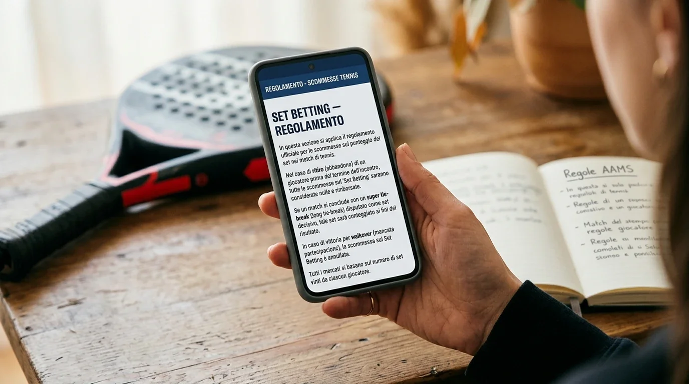 Smartphone con il regolamento di un mercato Set Betting padel su un sito AAMS italiano