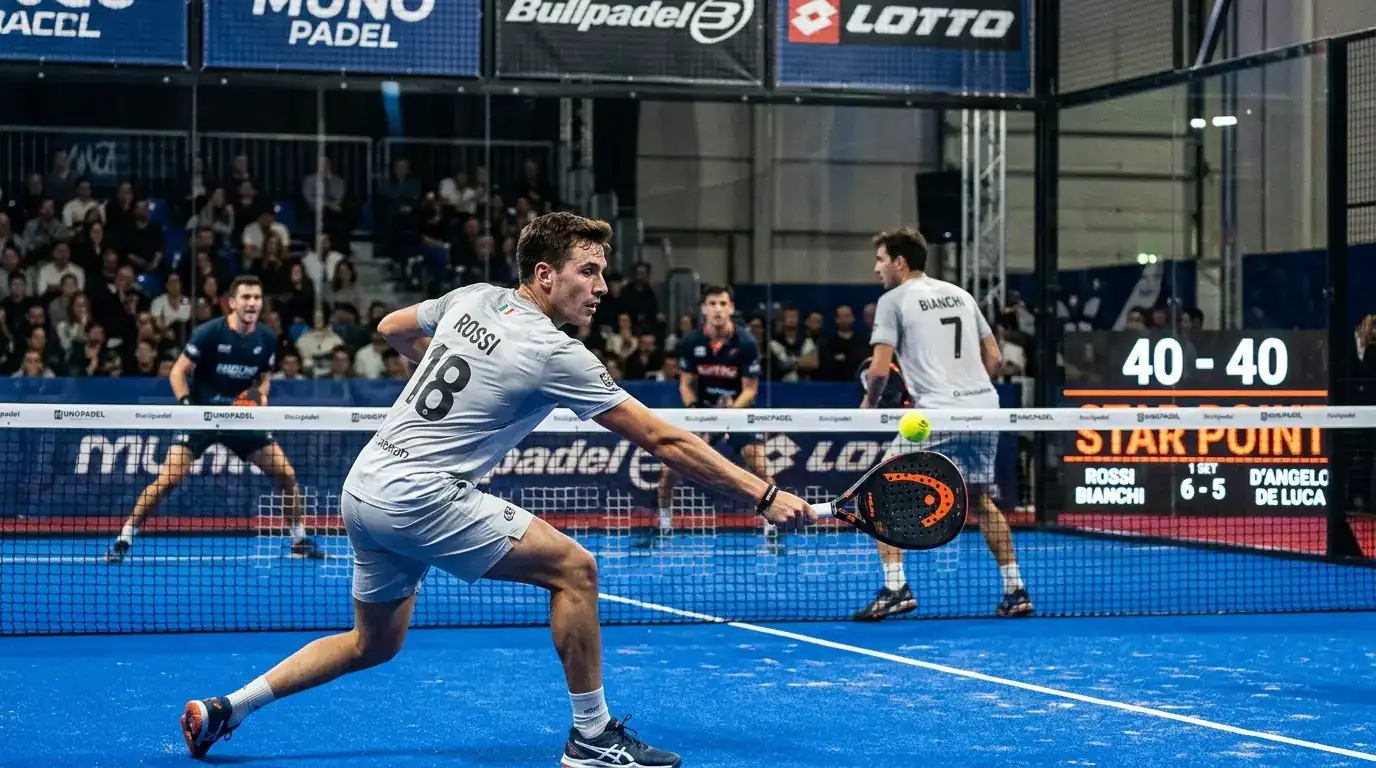 Coppia di padel concentrata sul punto decisivo dello Star Point in un torneo Premier Padel 2026