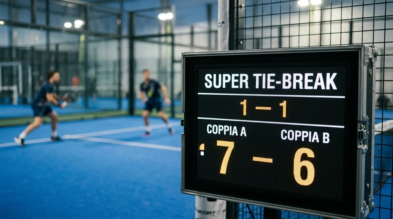 Tabellone elettronico di un super tie-break durante un match di padel professionistico
