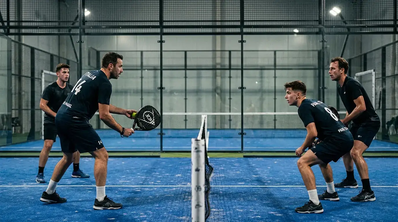 Momento di super tie-break decisivo in un match indoor di padel