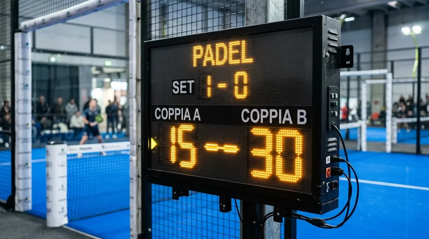 Tabellone elettronico di un campo da padel con il punteggio classico quindici trenta quaranta