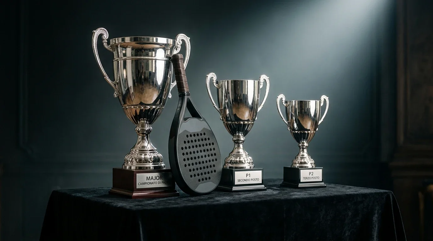 Trofei in fila che rappresentano la gerarchia dei tornei Premier Padel Major, P1 e P2