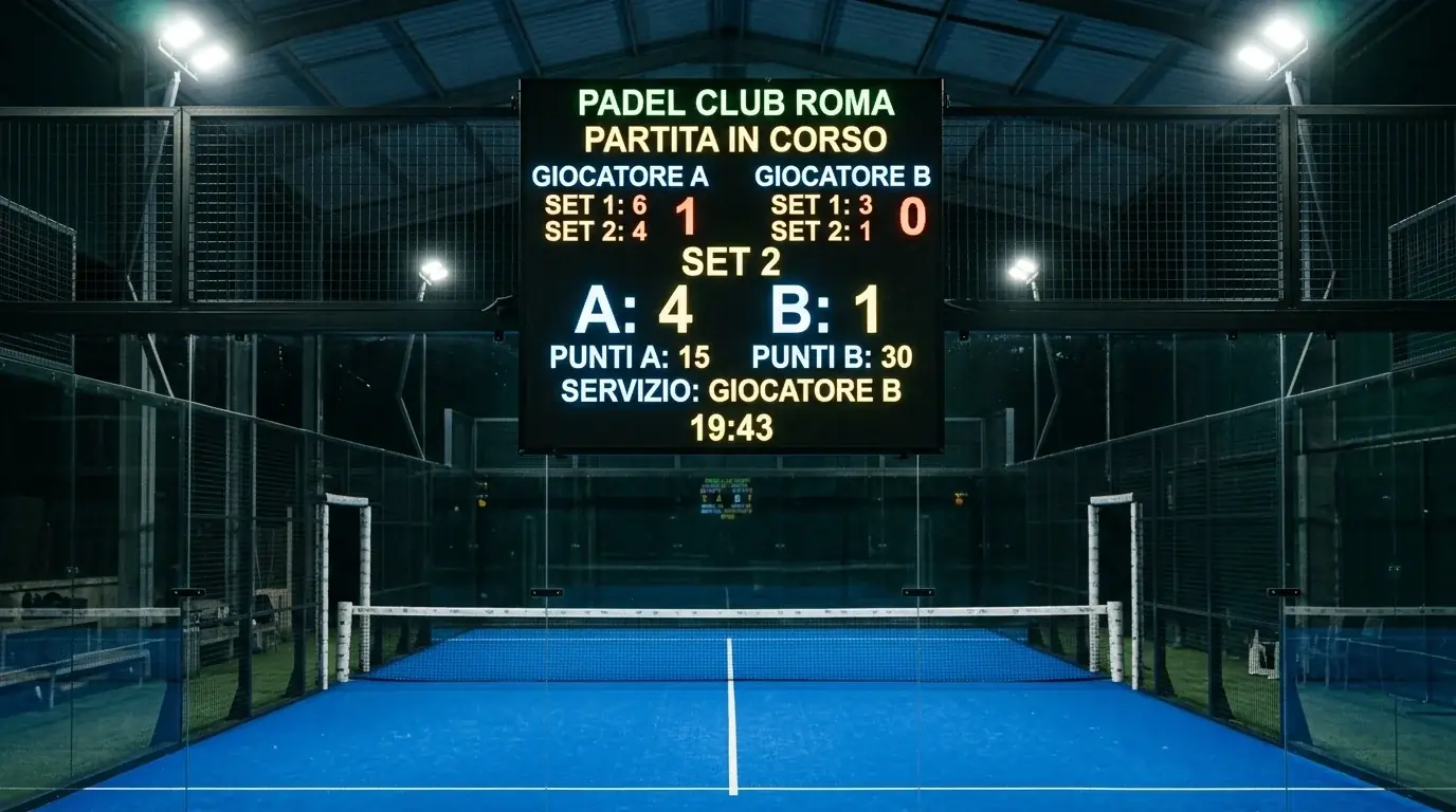 Tabellone elettronico mostra il conteggio dei games totali in un match di padel