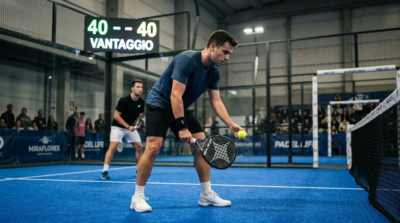 Giocatore di padel professionistico al servizio durante un punto decisivo sul deuce